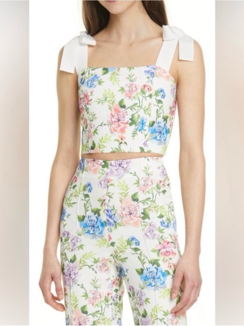 Alice + Olivia White Floral Tie-Strap Crop Top